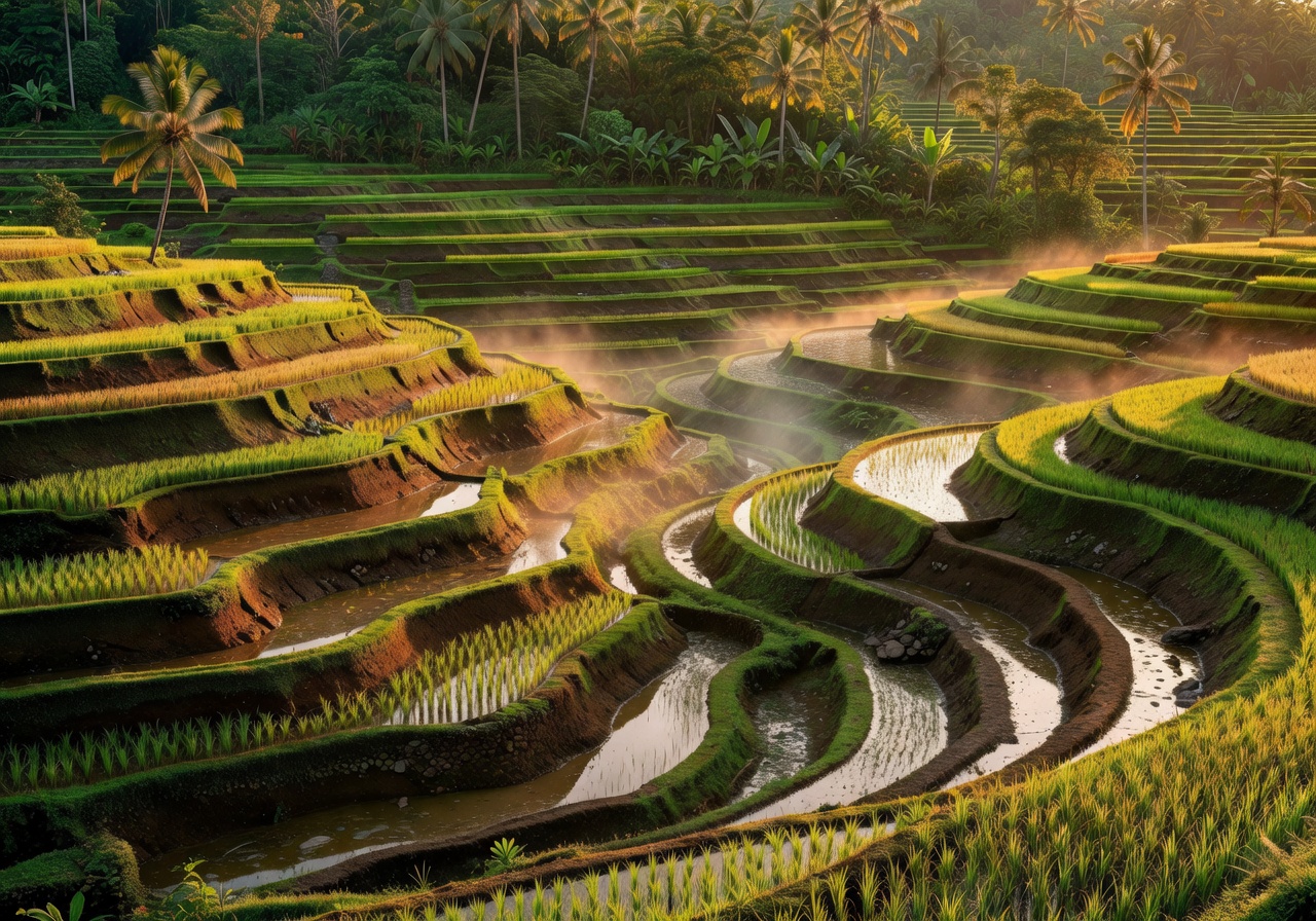 Bali rice terraces in golden morning sunlight