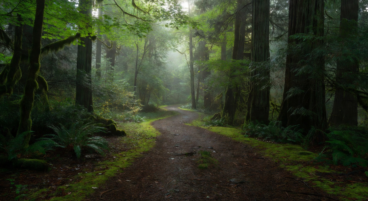 Calm forest pathway with soft diffused light