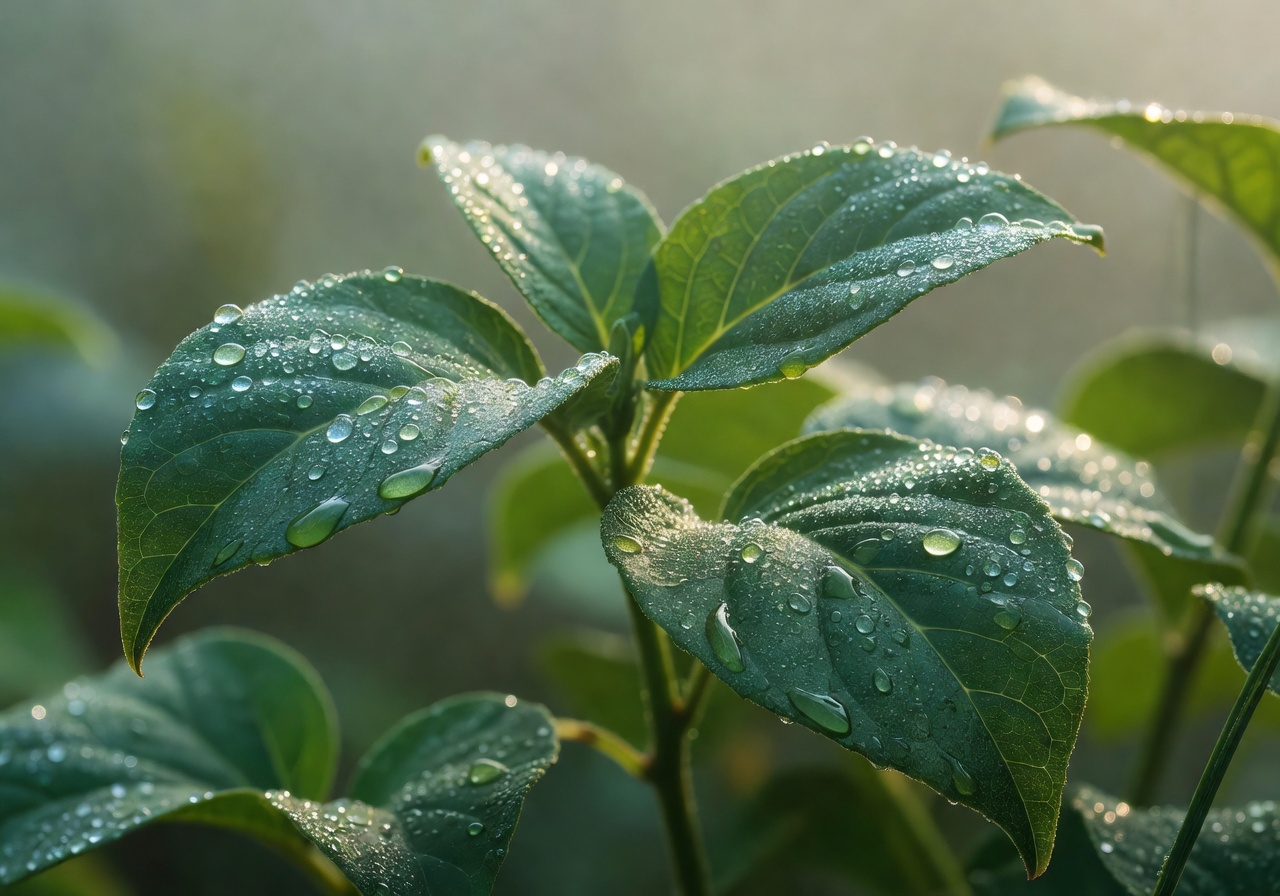 Close-up of dewy green leaves with soft morning light