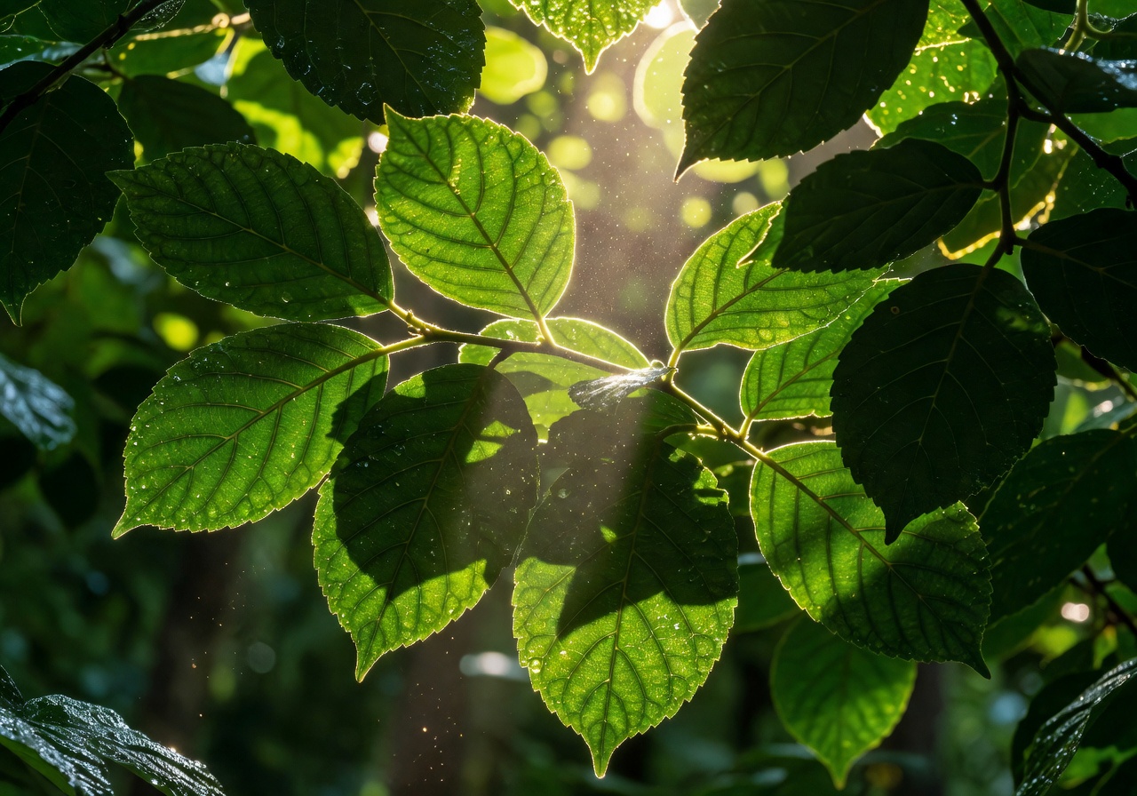 Close-up of sunlight through emerald forest leaves