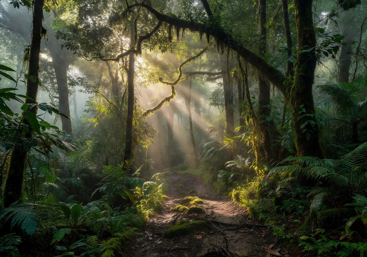Costa Rica cloud forest with sunlight through trees