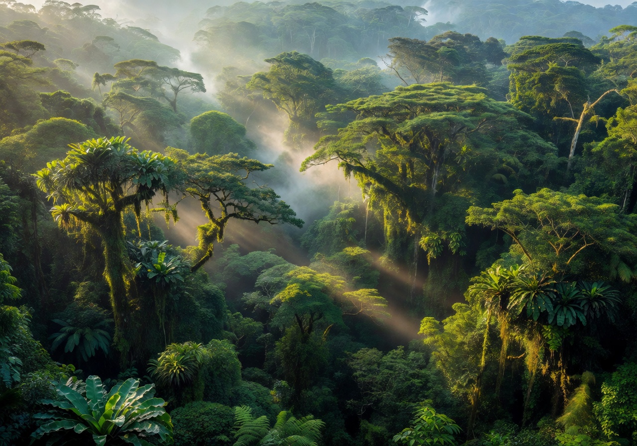 Costa Rica rainforest canopy with soft sun rays