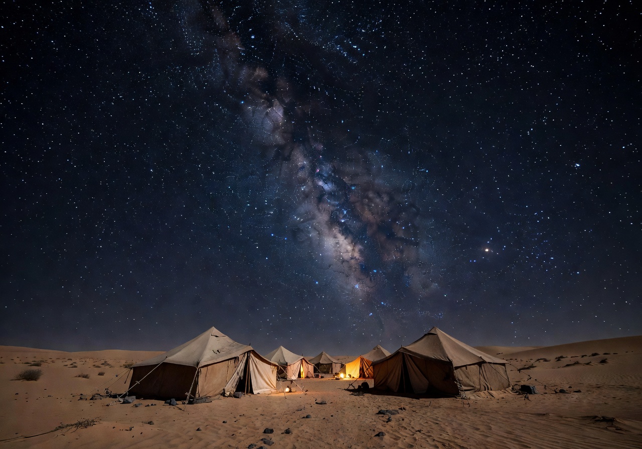 Desert tent camp under clear starry night sky