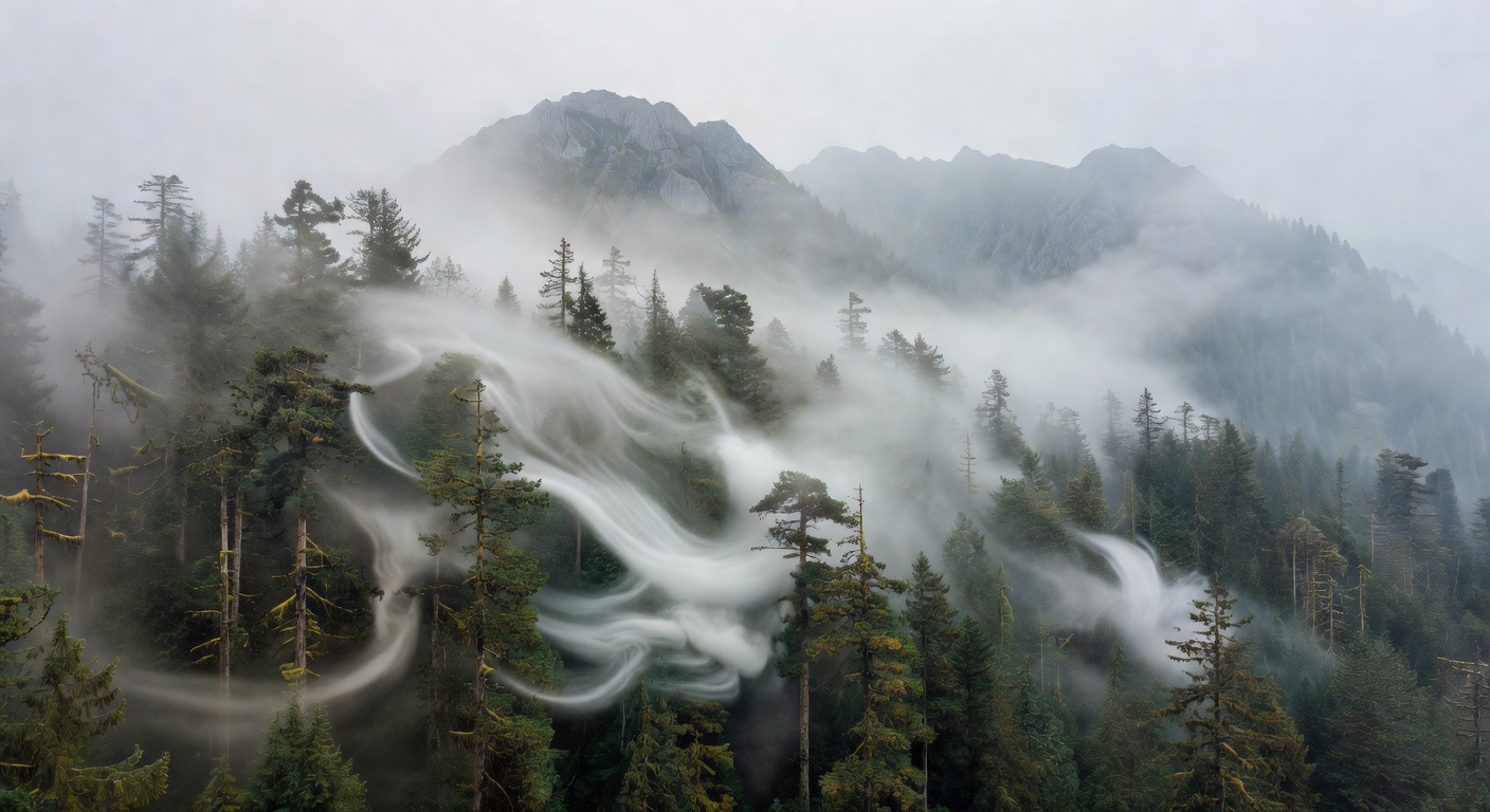 Foggy mountain scene with soft mist flowing through trees