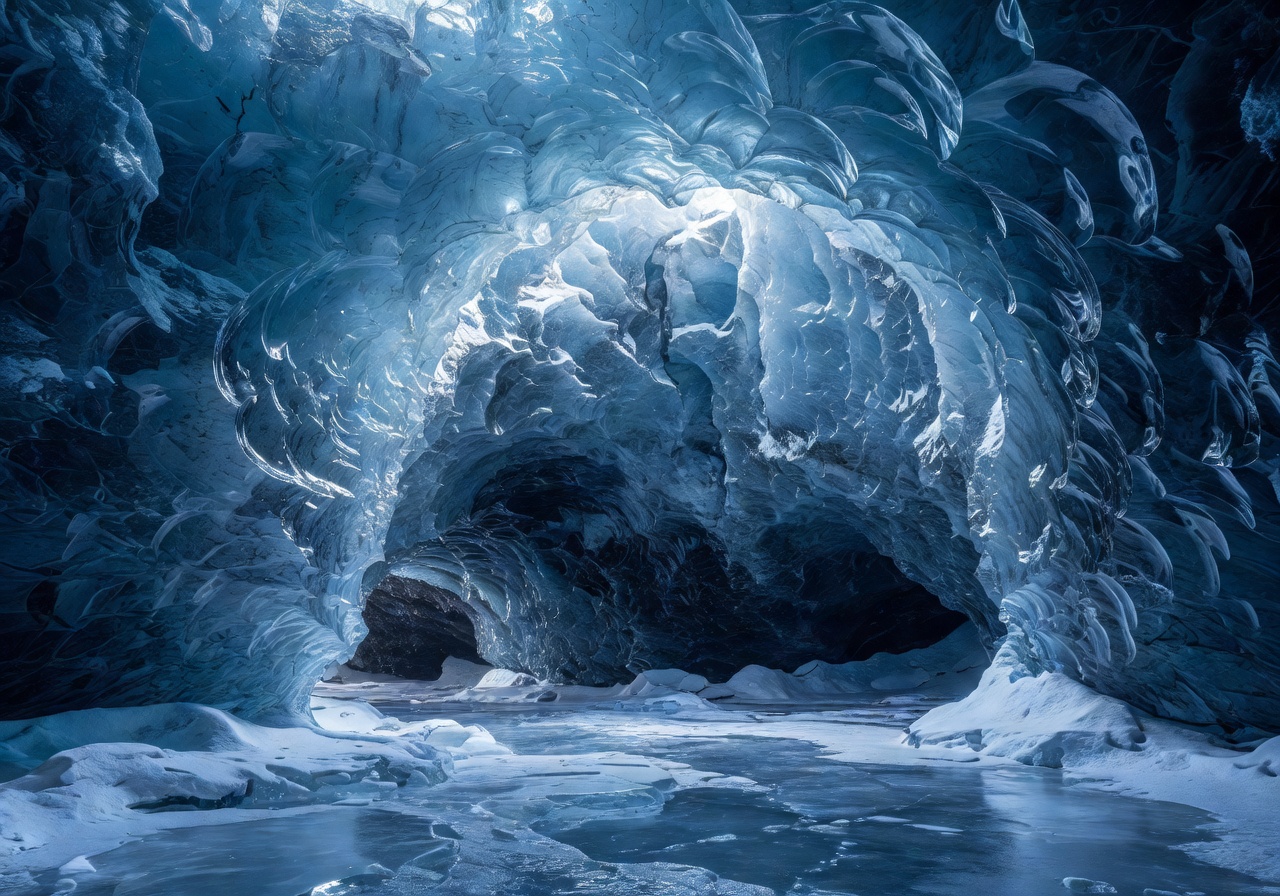 Iceland glacier ice cave with blue crystalline walls
