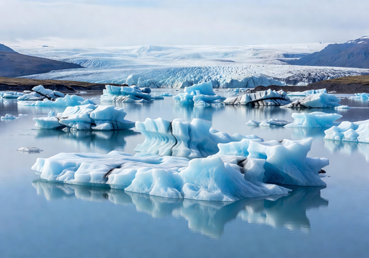 Icelandic glacier lagoon with pale blue ice formations