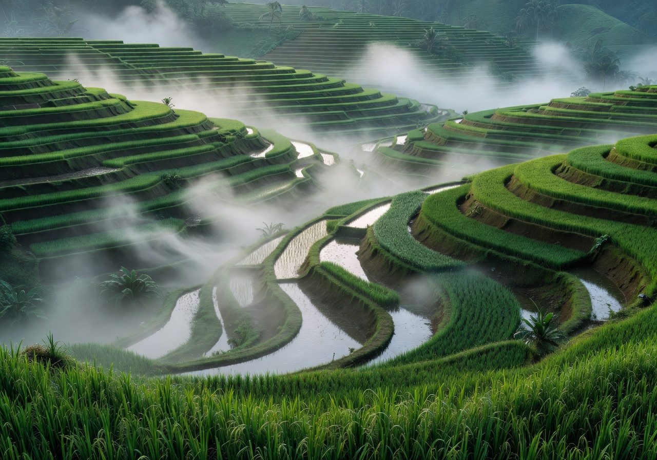 Lush green Bali rice terraces with morning mist