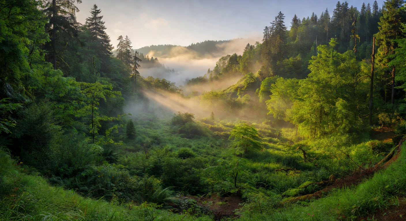 Lush green forest valley with morning sunlight and mist