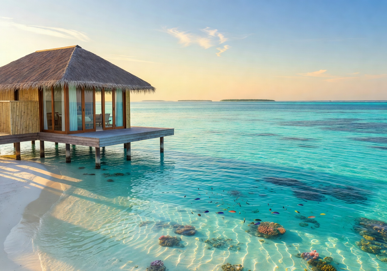 Maldives turquoise lagoon with overwater eco-villa