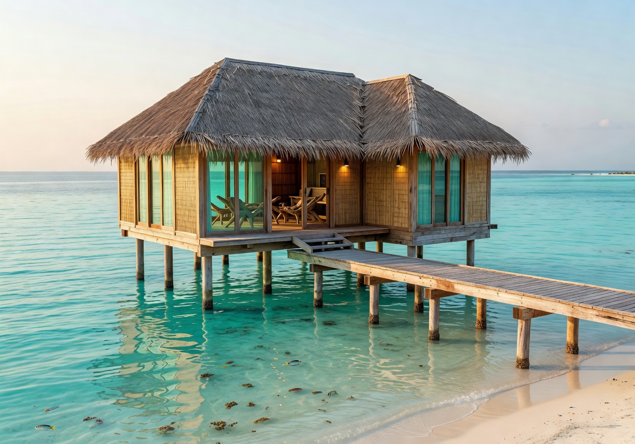 Maldives turquoise ocean with eco-friendly overwater bungalow