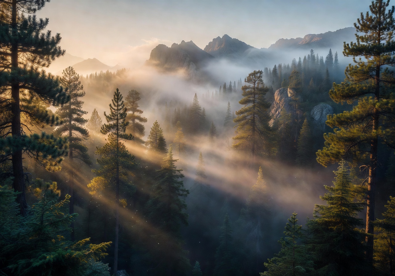 Misty mountain peaks at sunrise with soft golden light filtering through forest