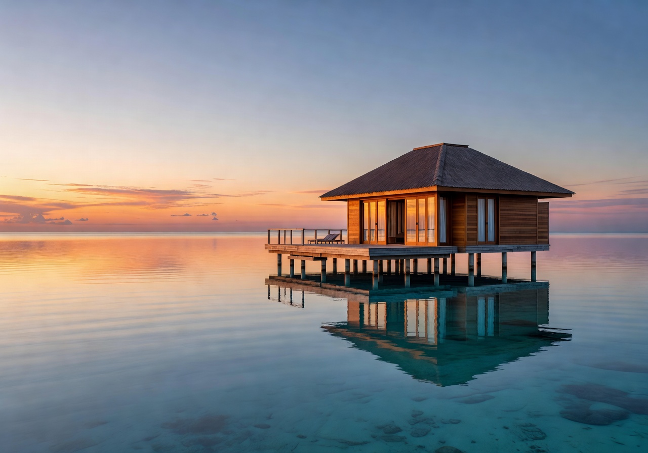 Serene overwater villa at sunset with still ocean reflections