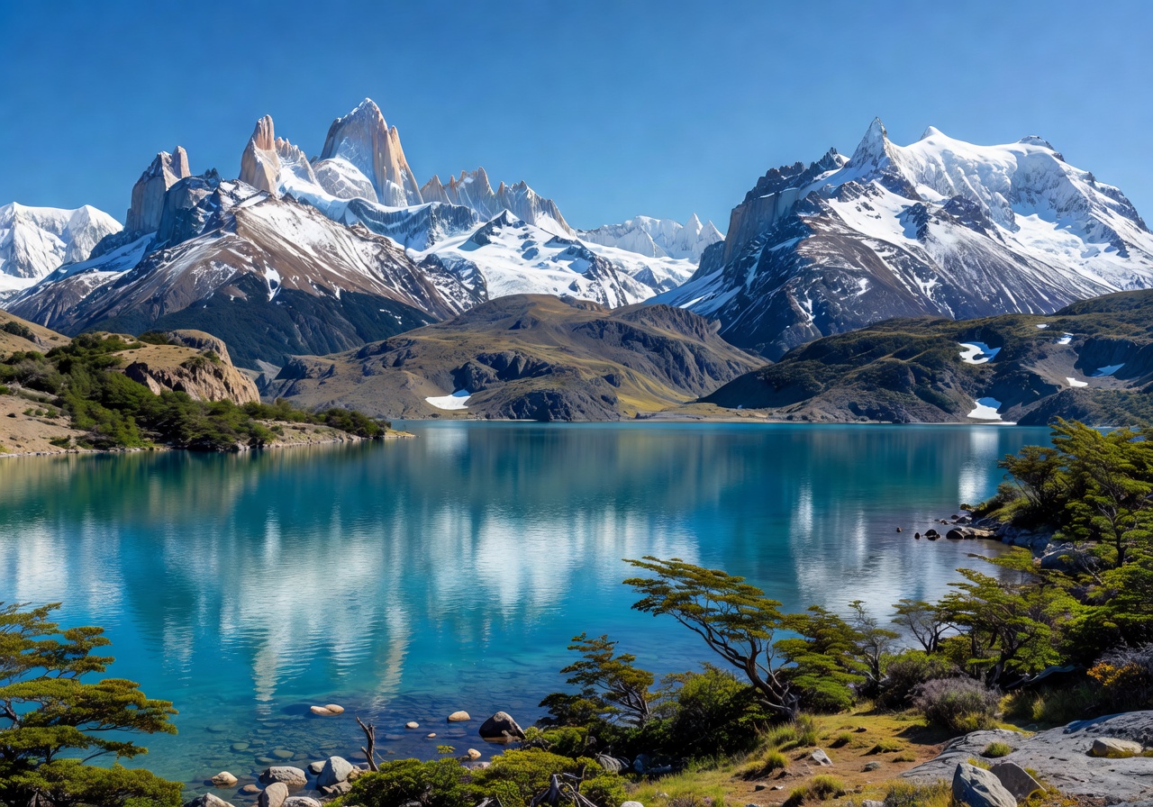 Patagonian alpine lake with snow-capped mountains