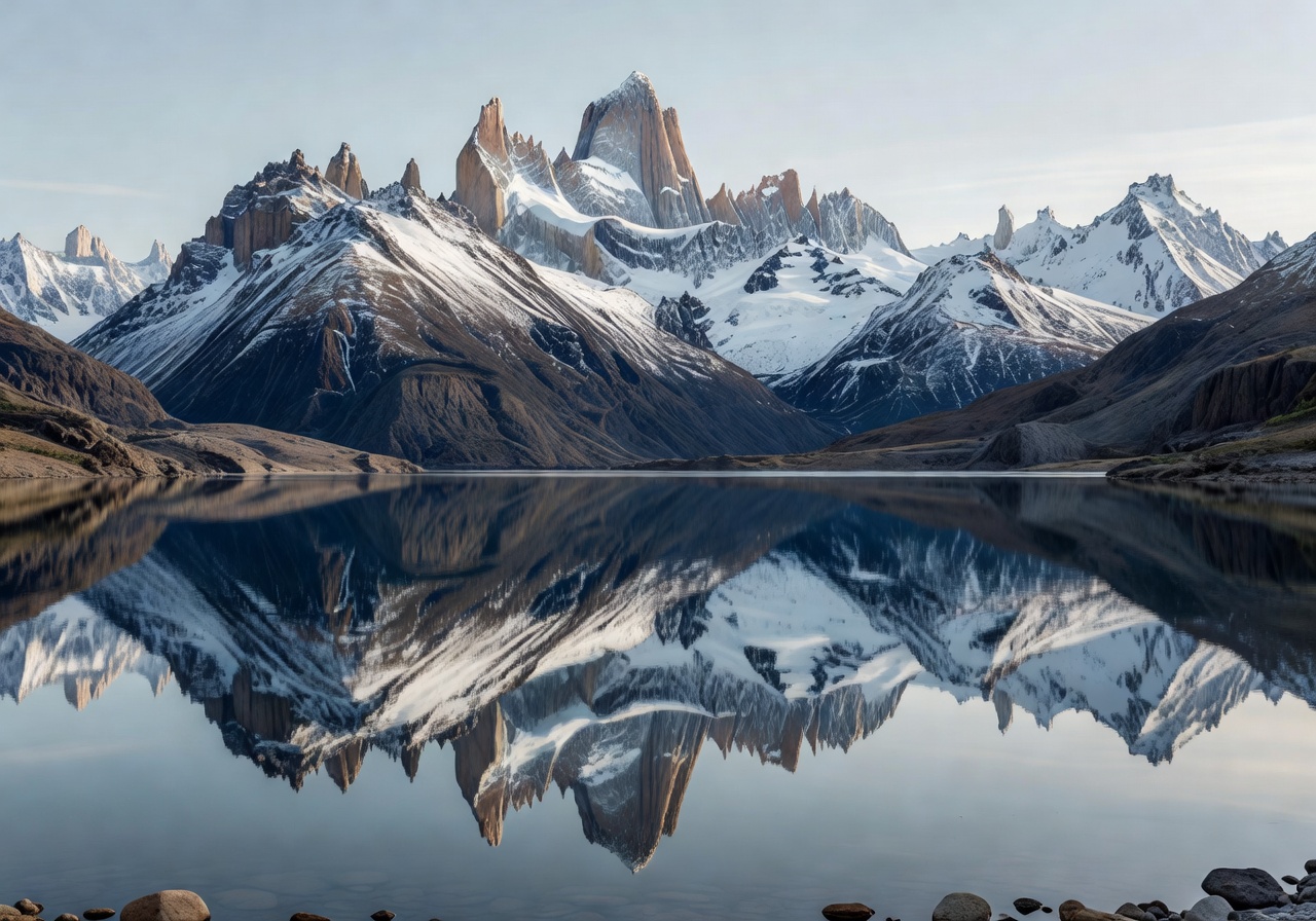 Patagonian mountains reflecting on still lake