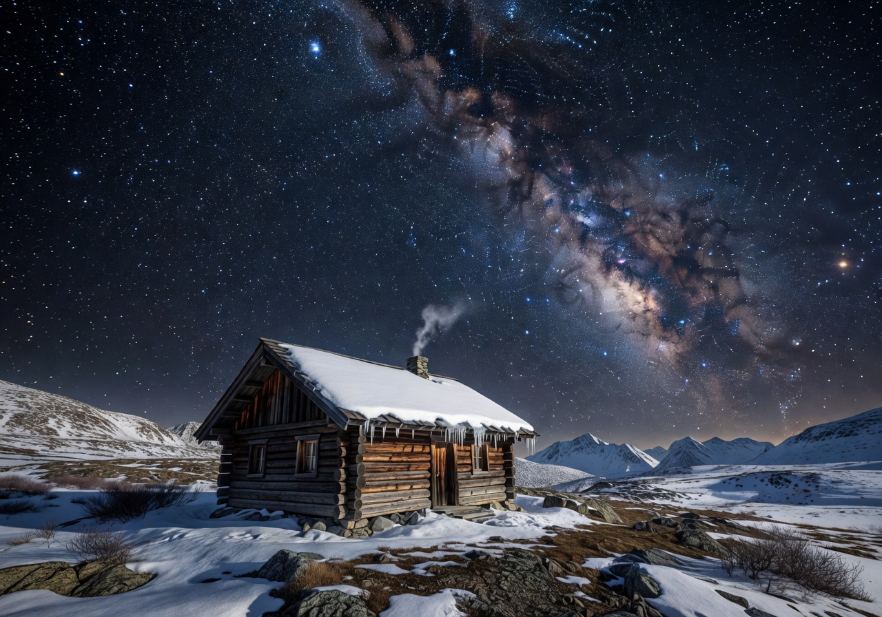 Mountain cabin retreat surrounded by snowy alpine peaks