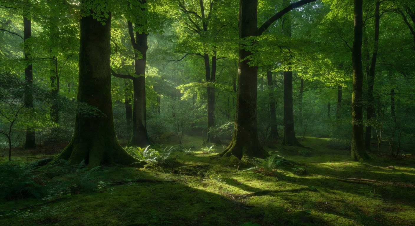 Serene green forest with tall trees and soft light