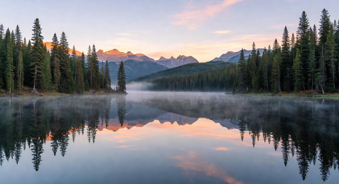 Serene lake reflecting forest mountains at dawn