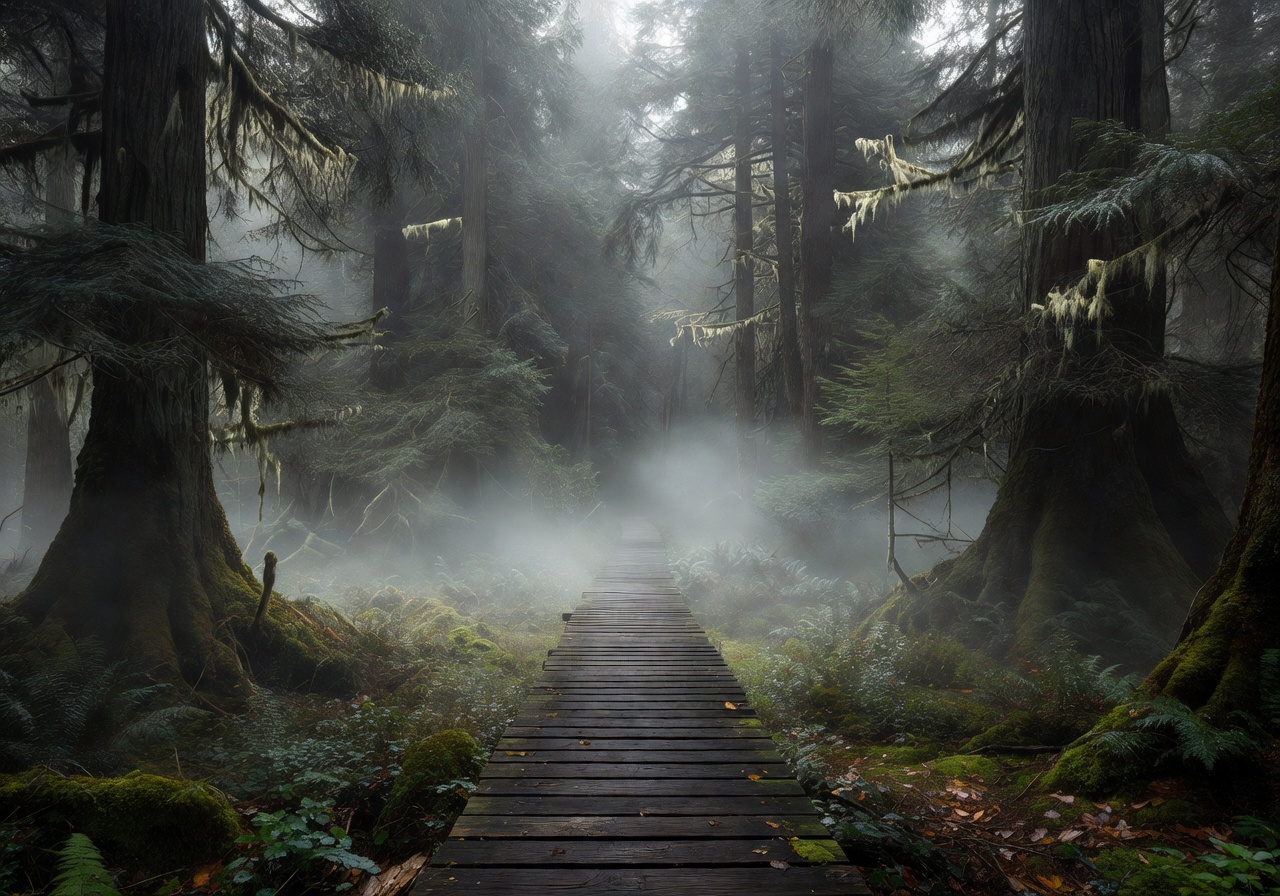 Solitary wooden walkway through misty forest landscape