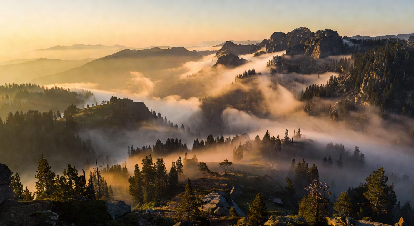 Sweeping mountain landscape at golden hour with soft mist