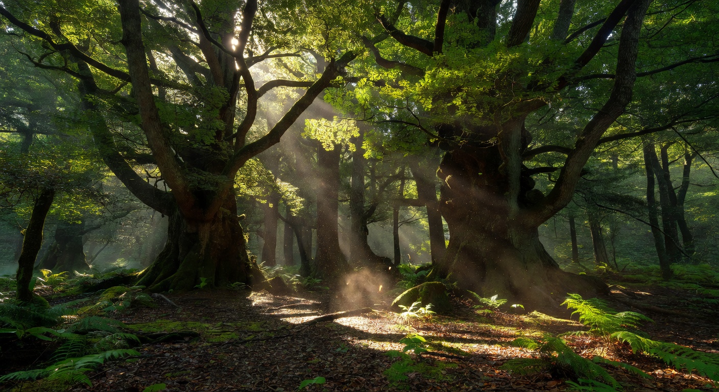 Tall ancient forest of green trees with sunlight filtering through