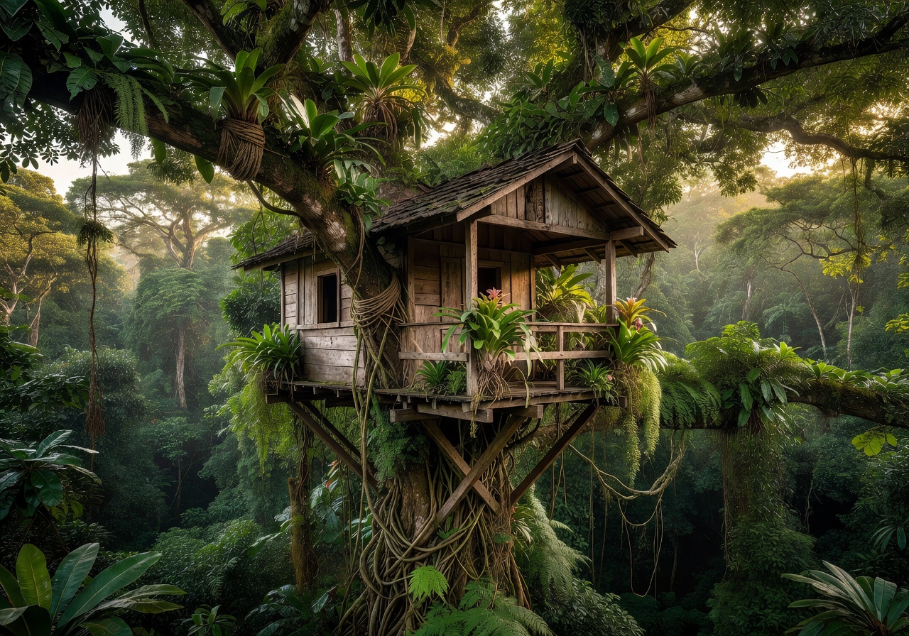 Luxury glass treehouse suspended in tropical jungle canopy